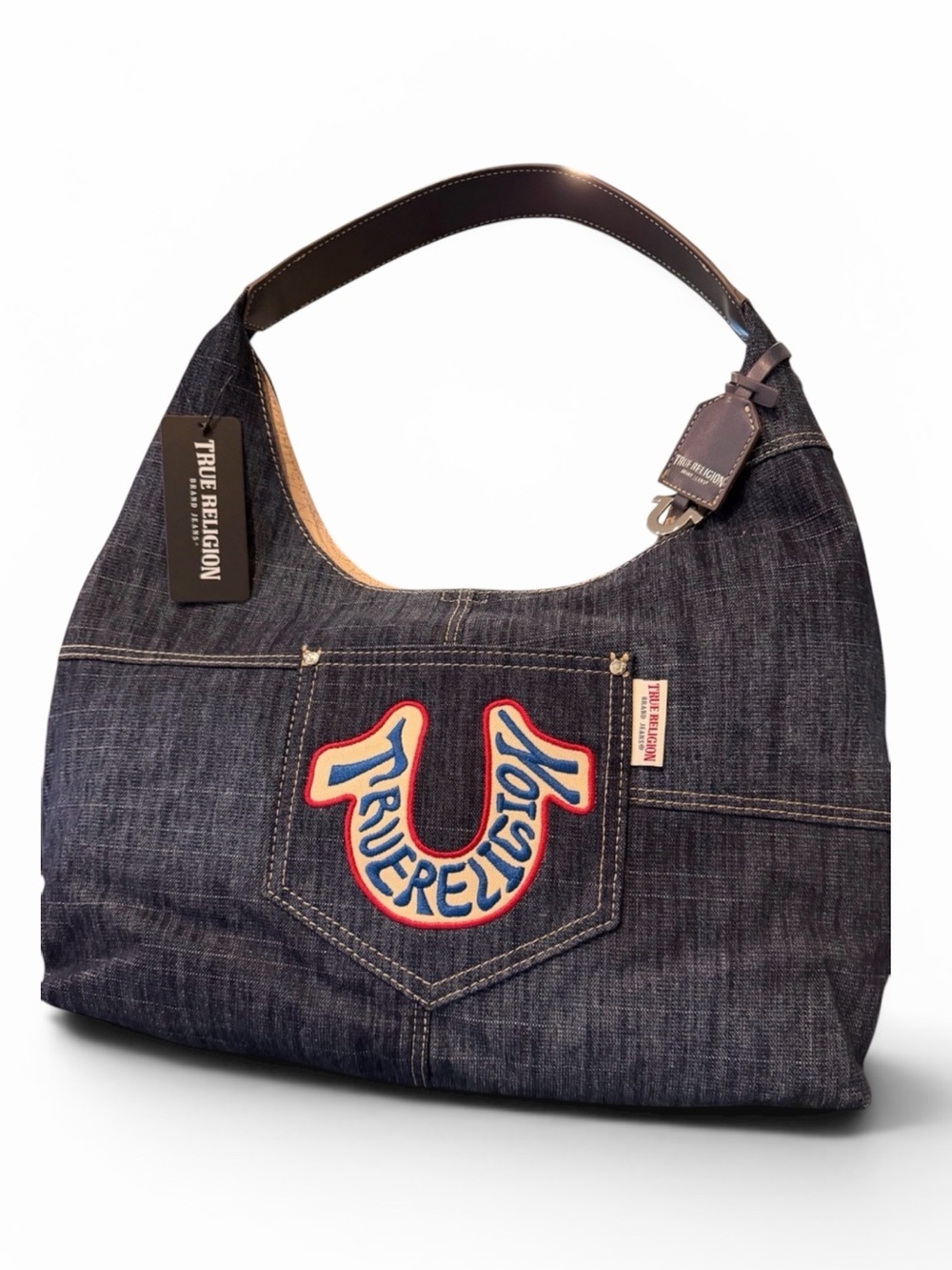 True Religion Denim Habo Bag in Dark Blue with Red & White Logo - Picture 2 of 6